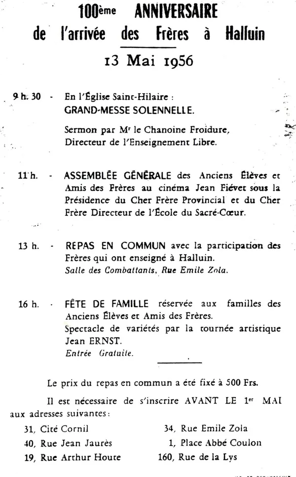 Programme imprimé du centième anniversaire de l’arrivée des Frères à Halluin, le 13 mai 1956.